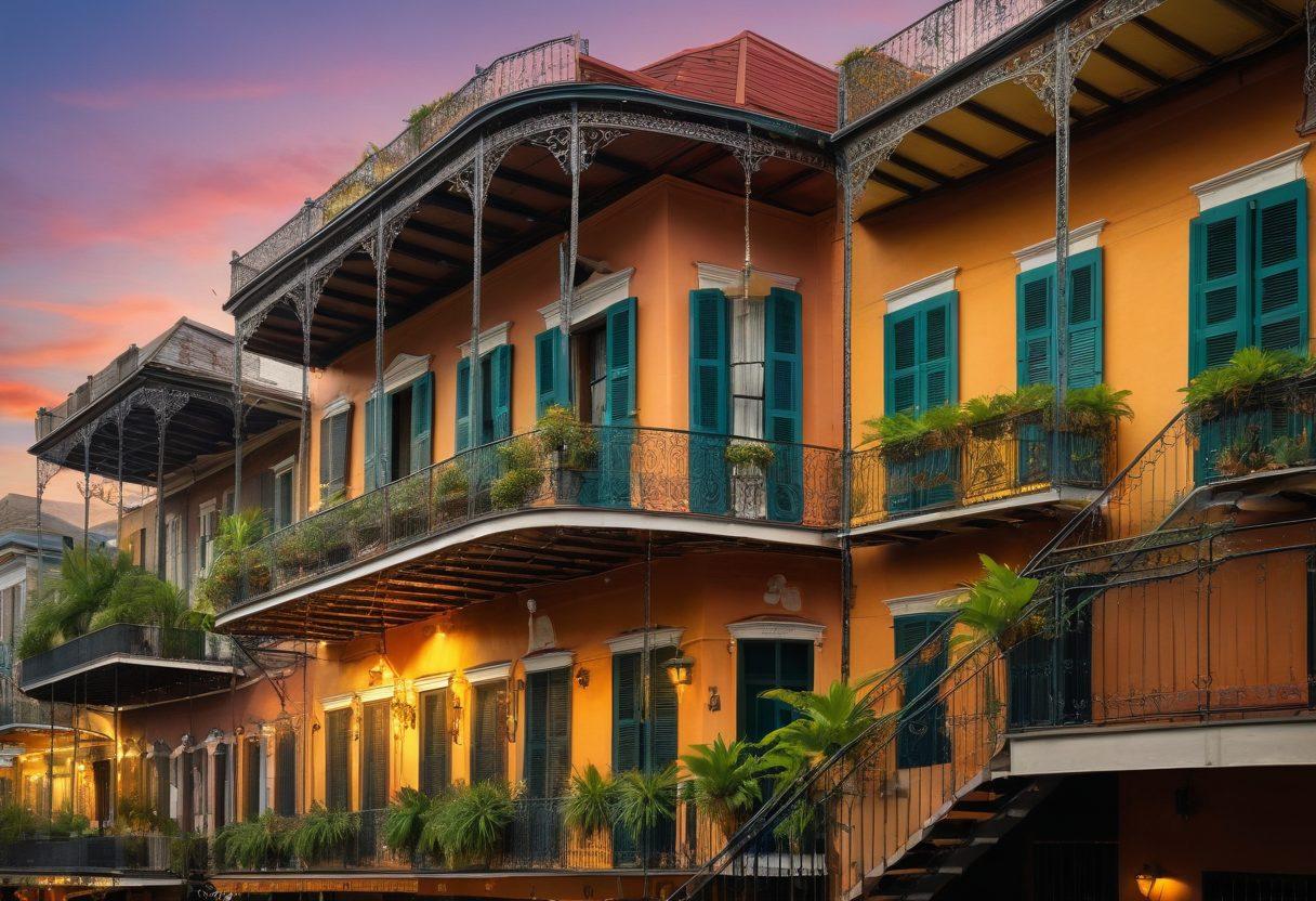 A rich tapestry of New Orleans life, featuring a lively street scene with vibrant jazz musicians, colorful historic architecture, and locals enjoying street food. Incorporate elements of Mardi Gras with masks and beads, alongside a beautiful sunset casting golden hues over the cityscape. Highlight intricate details of wrought-iron balconies and lush greenery. super-realistic. vibrant colors. dynamic composition.