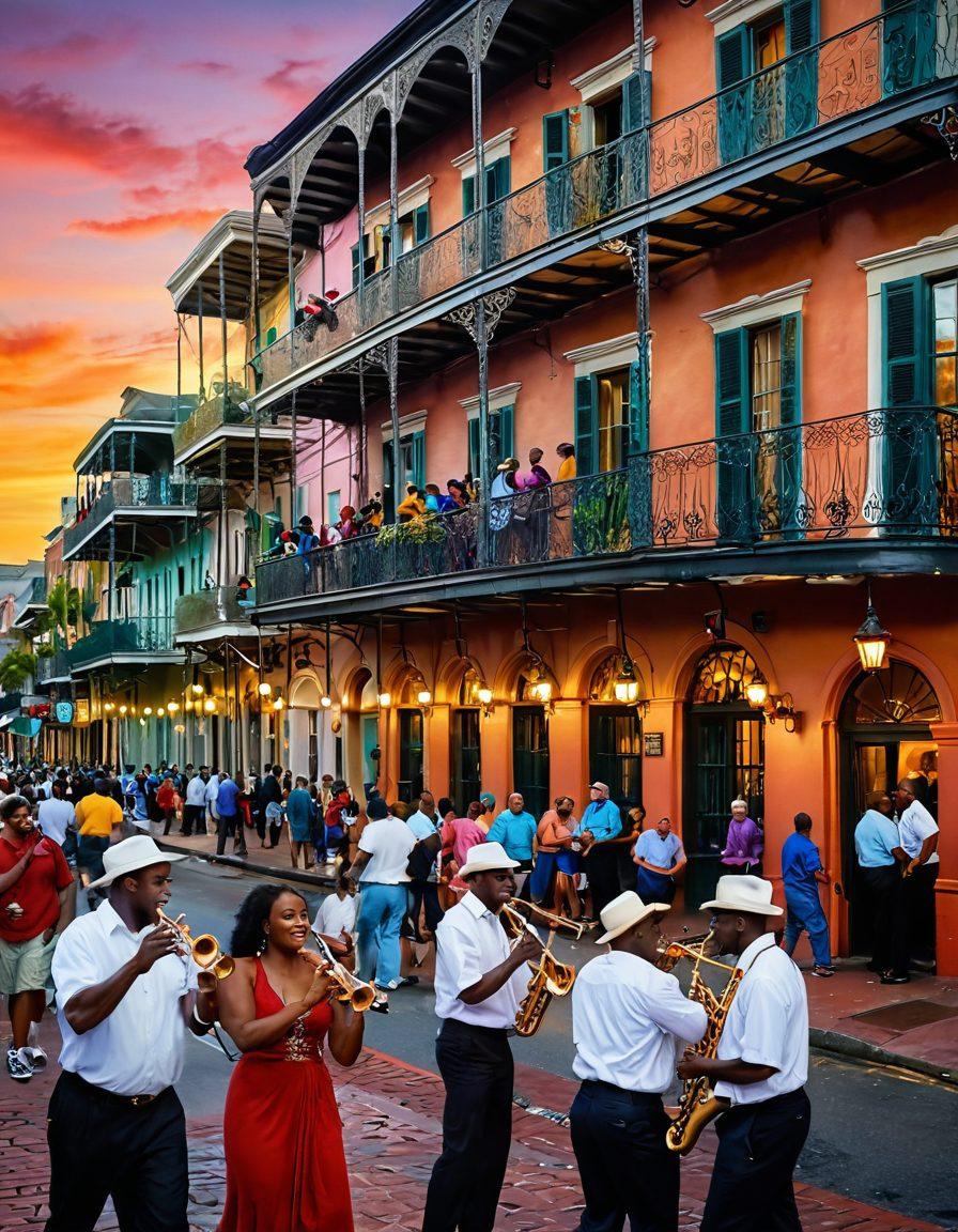 A lively street scene in New Orleans showcasing vibrant jazz musicians playing on a bustling corner, the iconic French Quarter architecture in the background, locals engaging in conversations, colorful Mardi Gras decorations, and a beaming sunset casting warm hues over the scene. super-realistic. vibrant colors. dynamic composition.