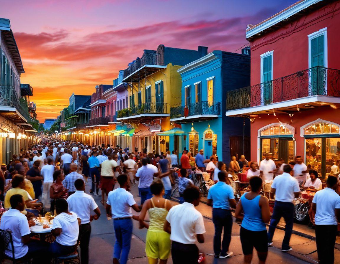 A lively street scene in New Orleans filled with musicians playing jazz, colorful houses adorned with vibrant murals, people dancing and enjoying music under twinkling lights, and food stalls offering local cuisine. Capture the spirit of togetherness and celebration with a sunset backdrop. super-realistic. vibrant colors. 3D.